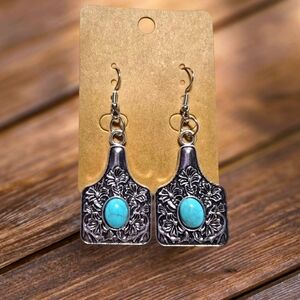 Western Dangle Turquoise Earrings Square Drop Ring Cowgirl Vintage Cow Tag NWT